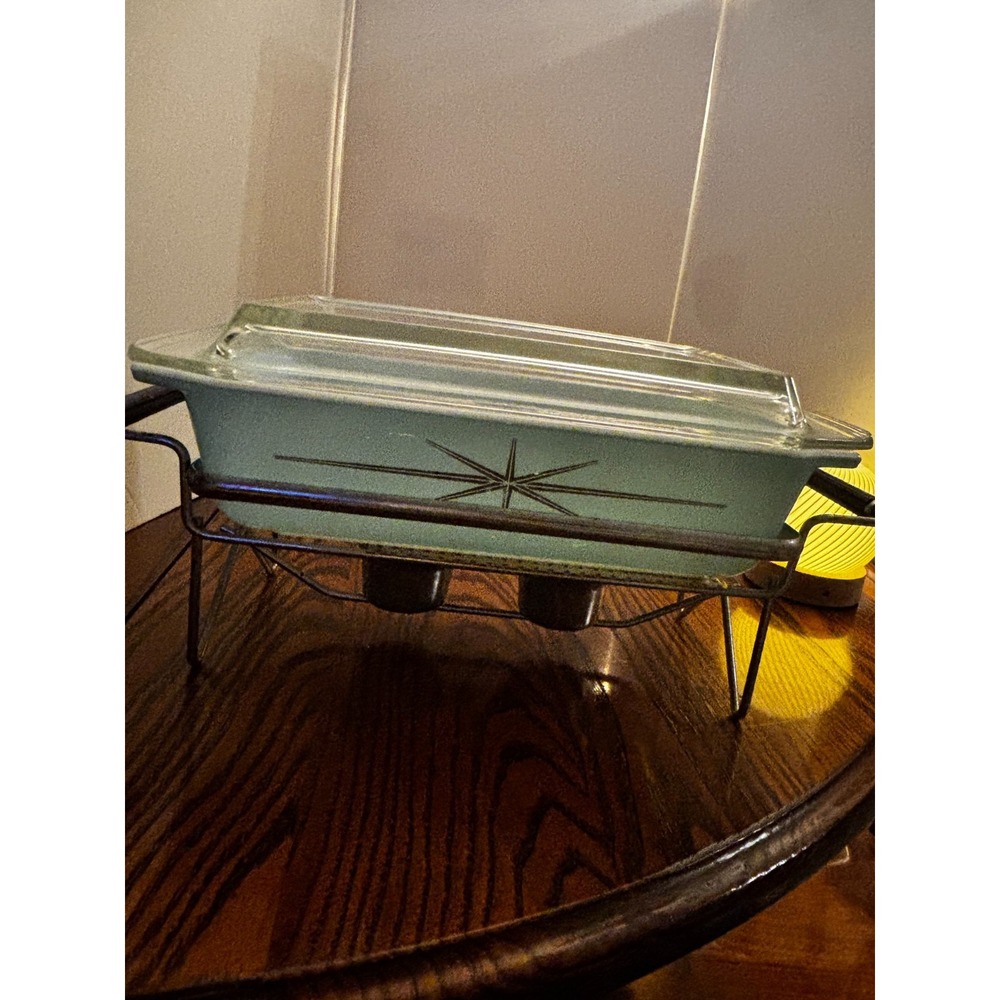 Rare Vintage 1960 Pyrex Atomic Starburst Turquoise & Gold w/lid & warmer stand